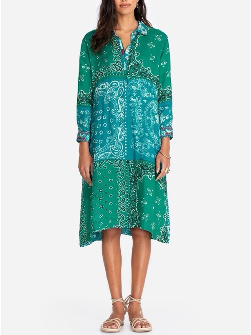Johnny Was Workshop Women Blue Green Bandana Print Henley Midi Shirt Dress Small